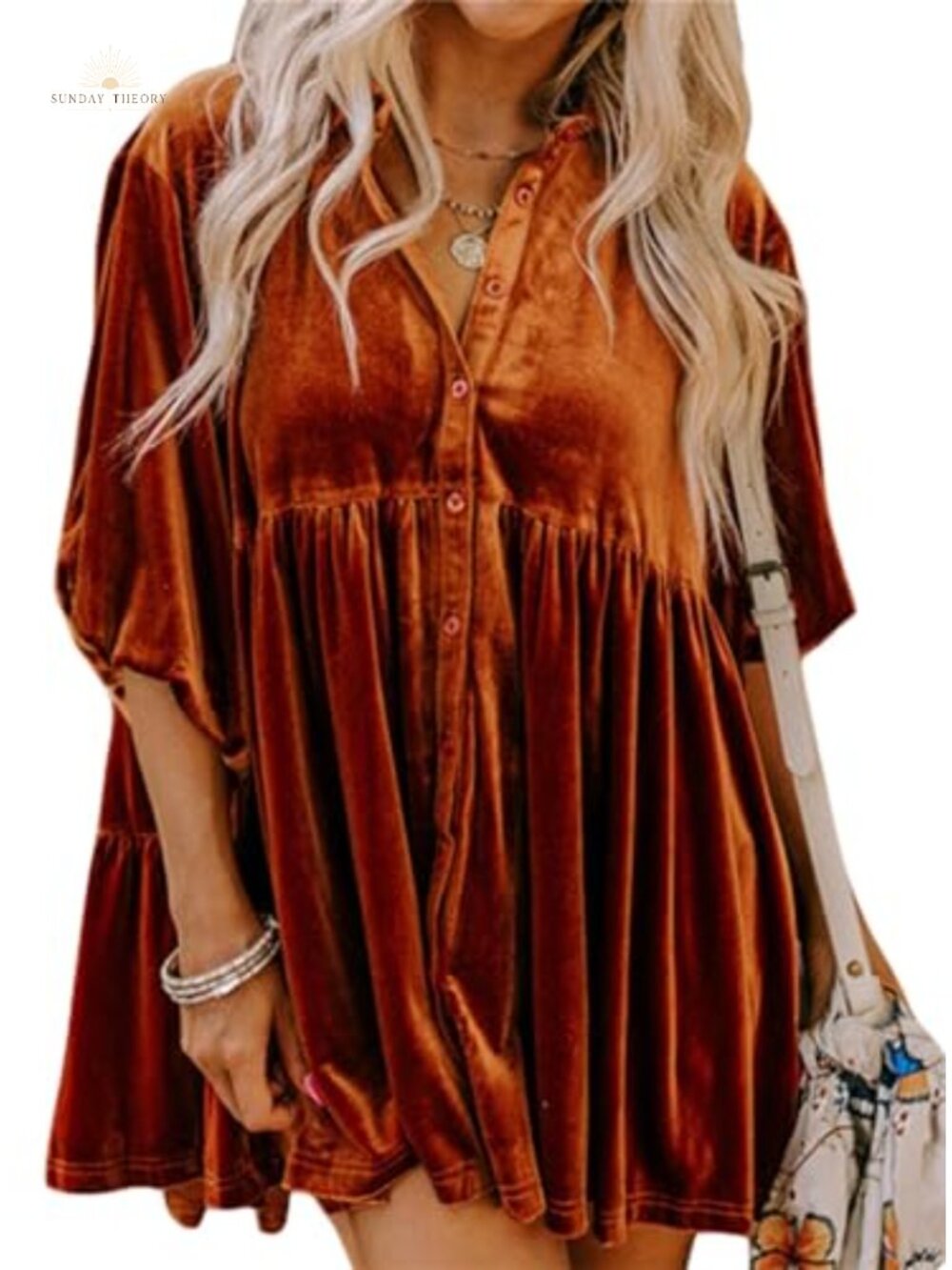 Women's Velvet Button Down Tunic Top 3/4 Sleeve Babydoll Mini Dress Casual